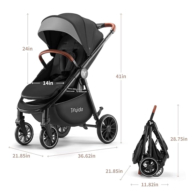 Tinyiota Stroller for Babies,Toddler Strollers with Large UPF 50+ Canopy,Luxury Baby Stroller with Leather Handle & Spacious Seat, One-Hand Foldable Pushchair,Baby Carriage with Lie-Flat Mode(Black)