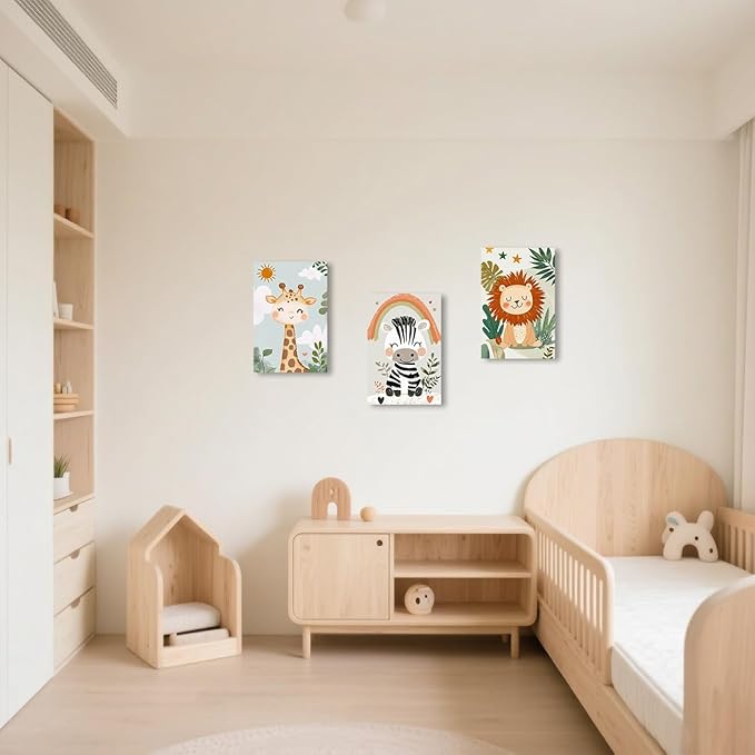 LZIMU Nursery Animal Canvas Wall Art 3 Pieces Cute Animal Baby Picture Prints Woodland Nursery Painting for Kids Boy Girls Room Decor Framed (Beige, 16x24inchx3 Pieces)