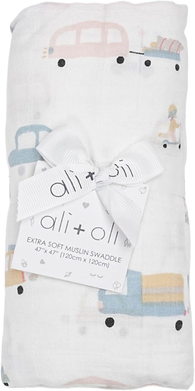 Ali+Oli Muslin Swaddle Blanket for Baby (Auto) Large 47" x 47" Soft Rayon Made from Bamboo & Organic Cotton, Machine Washable Receiving Blanket Wrap for Newborn to Toddler