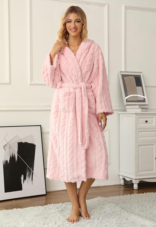 Umeyda Girls & Womens Twist Fleece Robes, Hooded Soft Warm Bath Robe for Kids Womens Fuzzy Bathrobe for Gifts