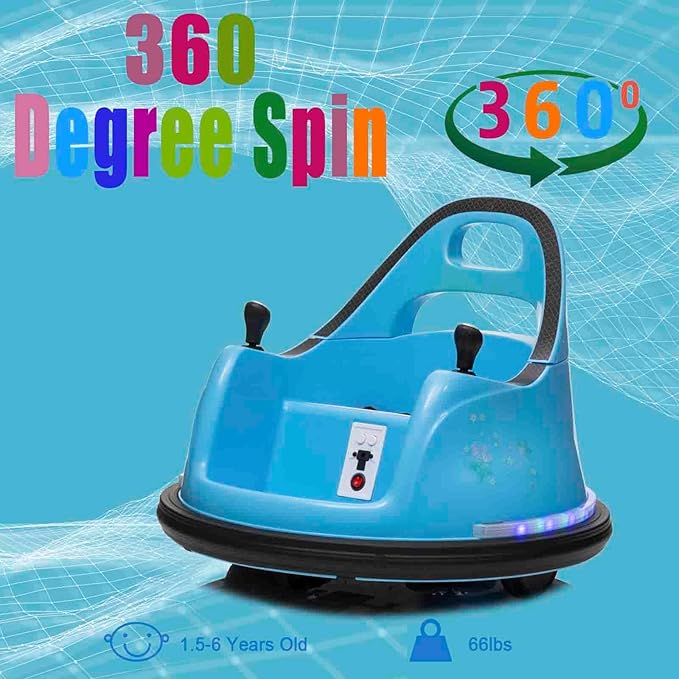 FINITO 12V Ride On Electric Bumper Car for Kids with Remote Control, 360 Degree Spin, LED Lights, Music, Safety Belt for Age 3+ Years Kids, Gift for Boys and Girls, Light Blue