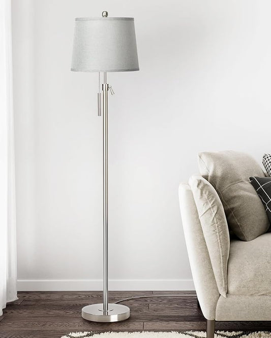 JUNNAI Floor Lamp for Living Room,Adjustable Height Standing Lamp,Dimmable Modern Floor Lamps for Bedroom Office Tall Floor Lights with Pull Chain Bulb Included-Silver Gray Shade