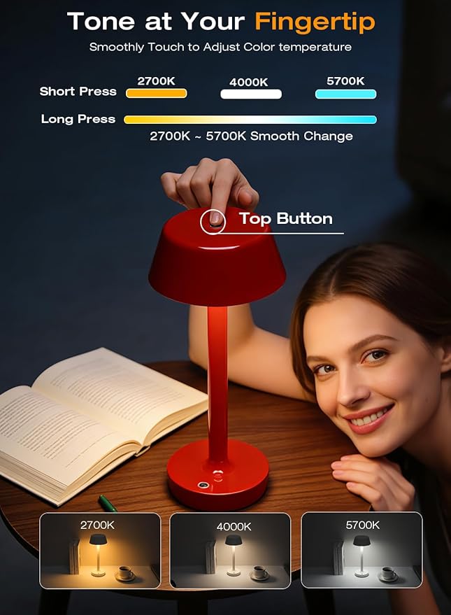Light Worthy Cordless Rechargeable Table Lamp with Power Charger,Portable LED Desk Lamp,5000mAh Battery Operated,2700K-5700K Tunable,Stepless Touch Dimming for Bedroom Bedside Outdoor Camping,Red