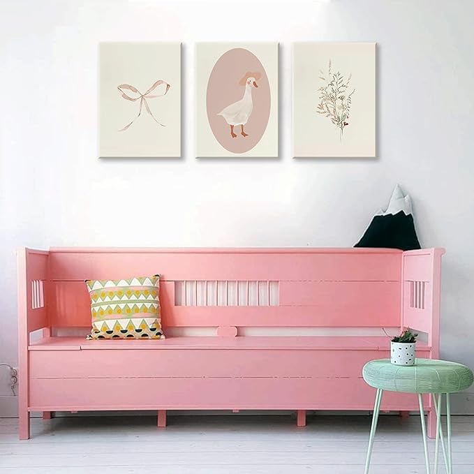 3Pcs Girls Nursery Canvas Wall Art Vintage Goose Wall Decor Pictures Pink Bow Poster Prints Kids Room Painting Artwork for Girls Room Bedroom Living Room Home Decoration,12x16in