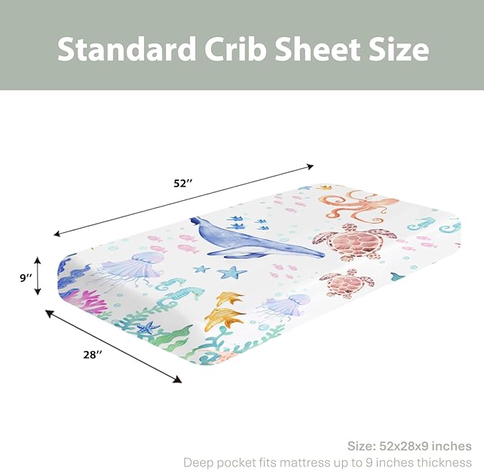 Colorful Ocean Animals Baby Crib Sheets for Boy Girl 52x28 Whale Turtle Jellyfish Sea Horse Corals Soft Snug Fitted Crib Mattress Cover Marine Animals Baby Sheet for Standard Crib & Toddler Mattress