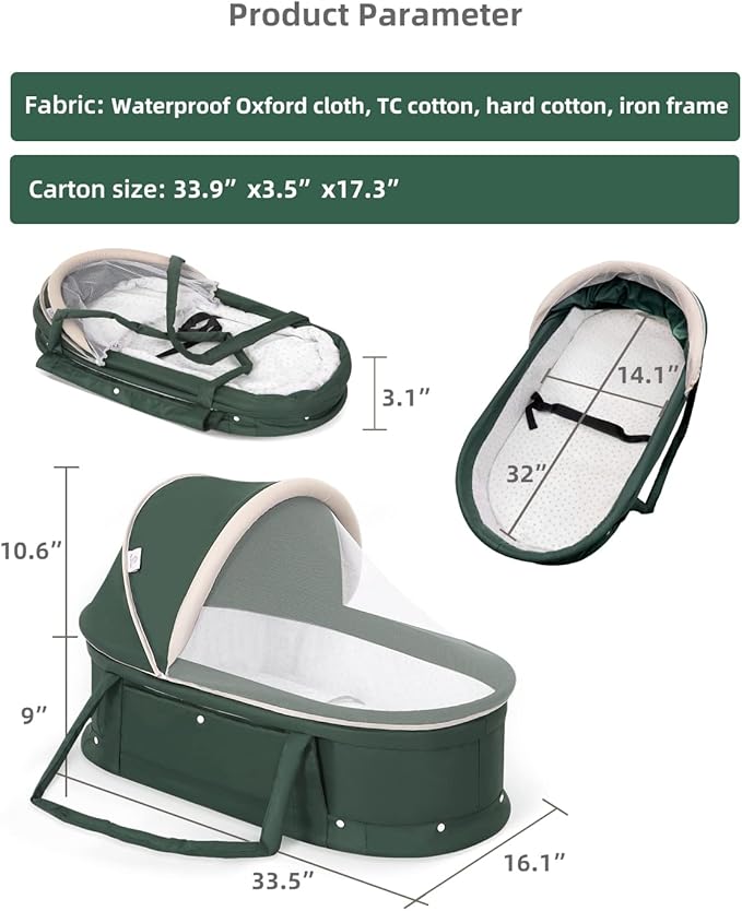Baby Travel Bassinet Portable with 2 in 1 Canopy for Newborn - Green