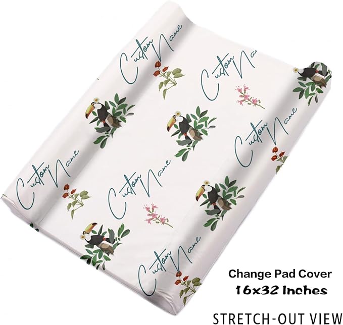 Custom Crib Bedding Set – Personalized Name Tropical Toucan Baby Bedding 5-Piece Set with Soft Blanket, Fitted Sheet, Changing Pad Cover, Rug and Wall Art – Colorful Jungle Nursery Decor