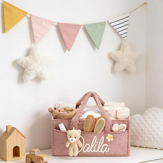 Personalized Baby Diaper Caddy Organizer with Name, Custom Portable Changing Mat Diaper Caddy for Boy Girl, Baby Essentials Storage Basket with Removable Dividers Gift for Newborn Caddie Car Travel
