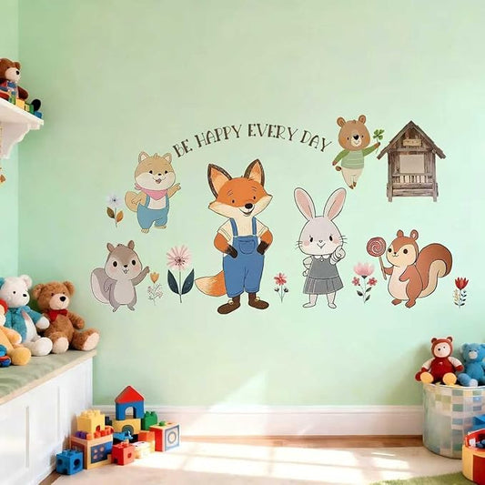 PQQIEE Woodland Animal Wall Decals, Be Happy Every Day Nursery Wall Stickers, Fox Rabbit Bear Squirrel Design, 35.43x19.68 Inch, Kids Room Decor