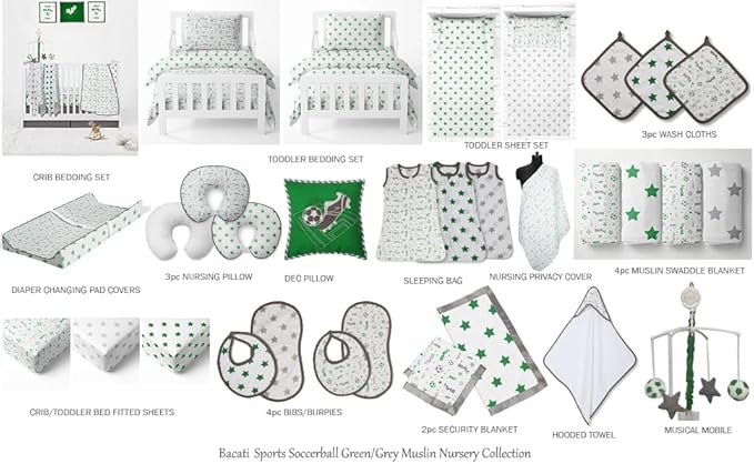 Bacati - Muslin Ikat Stars 4 Piece Neutral Toddler Bedding Set 100 Percent Cotton Includes Reversible Comforter, Fitted Sheet, Top Sheet, and Pillow Case (4 pc Toddler Bedding Set, Green Stars)