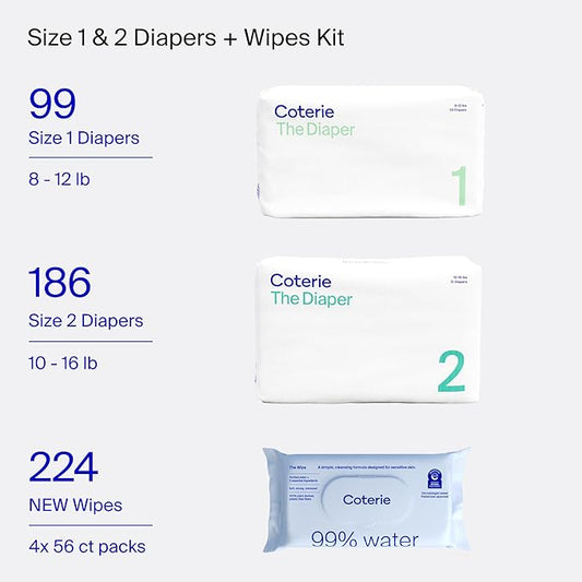 Coterie Baby Wipes + Diapers Kit, Size 1 (99 Count) & Size 2 Diapers (186 Count), 4 Pack (224) Baby Wipes with 99% Water, Plant Based Materials, Hypoallergenic for Sensitive Skin