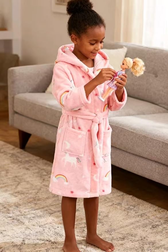 Boys Girls Robe Kids Flannel Hooded Bathrobe Sleepwear Pajamas Toddler Soft Plush Robes for Girls 2-16 Years