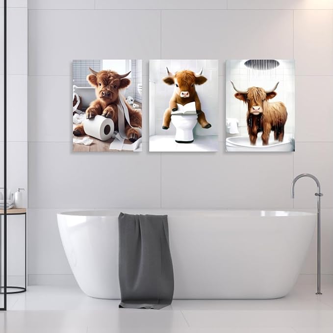 Hianan Funny Highland Cow Canvas Wall Art, Cute Brown Cow Bathroom Decor, Framed Animal Bathing Poster Prints, Retro Rustic Farmhouse Wrapped Canvas Artwork for Restroom 12"x16"x3