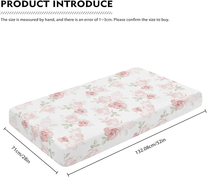 Pink Roses Fitted Crib Sheet for Boys Girls Beautiful Flower Leaves Baby Sheet for Standard Crib and Toddler Beauty Floral Nursery Bed Mattress Sheets 28"x52"