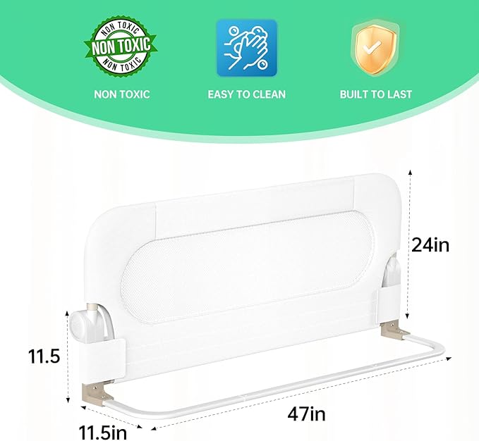 Folding Bed Rail for Toddlers,Baby Bed Rail Guard with Reinforced Anchor Safety System(White,47"x23.6")