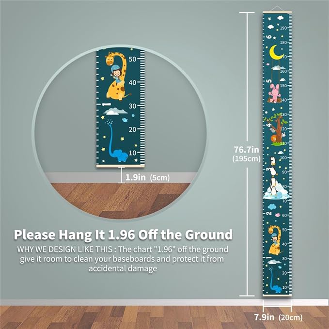 Baby Height Growth Chart - Canvas Height Chart for Kids Baby Child Toddler Boys Girls Growth Chart for Wall Room Nursery Decor Hangable and Removable Measuring Wall Ruler (Moon Rabbit, Beige Wood)