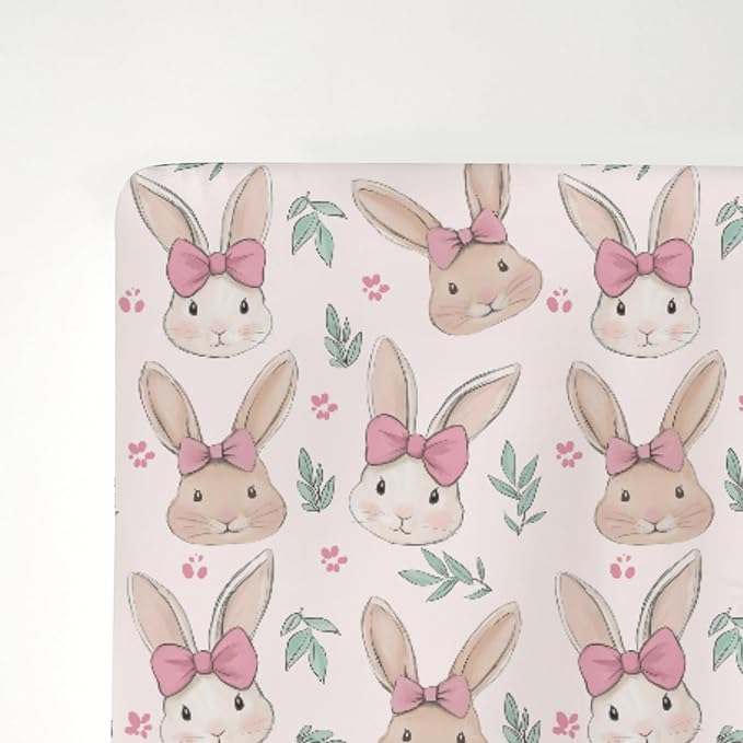 Easter Bunnies Pink Bows Baby Crib Sheets for Boy Girl 52"x28" Cute Rabbit Leaves Soft Stretchy Fitted Crib Mattress Cover Spring Garden Animal Baby Sheet for Standard Crib and Toddler Bed Mattress