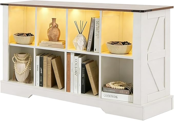 Puntogen 8 Cube Storage Organizer, Wood Cube Bookshelf with LED Lights, Horizontal Storage Cubes, Kids Bookshelf, Display Cabinet Cubby Shelf for Living Room Home Office Bedroom，White