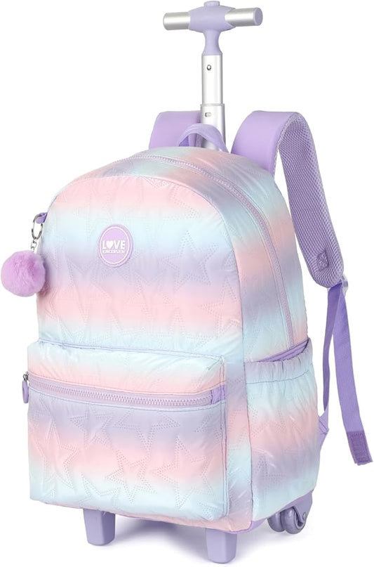 kingdisen Rolling Backpack 17 inch with Lunch Bag Wheeled Laptop Backpack with wheels(QUILTED PURPLE)