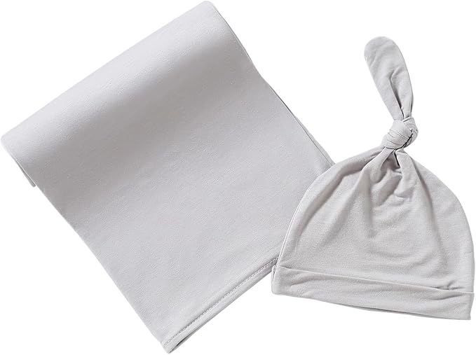 iEvolve Cotton Knitted Baby Swaddle Blanket with Hat Headband Set Newborn Swaddle Wrap Receiving Blankets for Baby Girl Boy 45" x 45"(Grey)