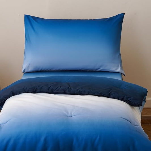 KAREVER Gradient Blue Toddler Bedding Set Ombre White Blue 4 Pieces Crib Bed Set Kids Comforter Set