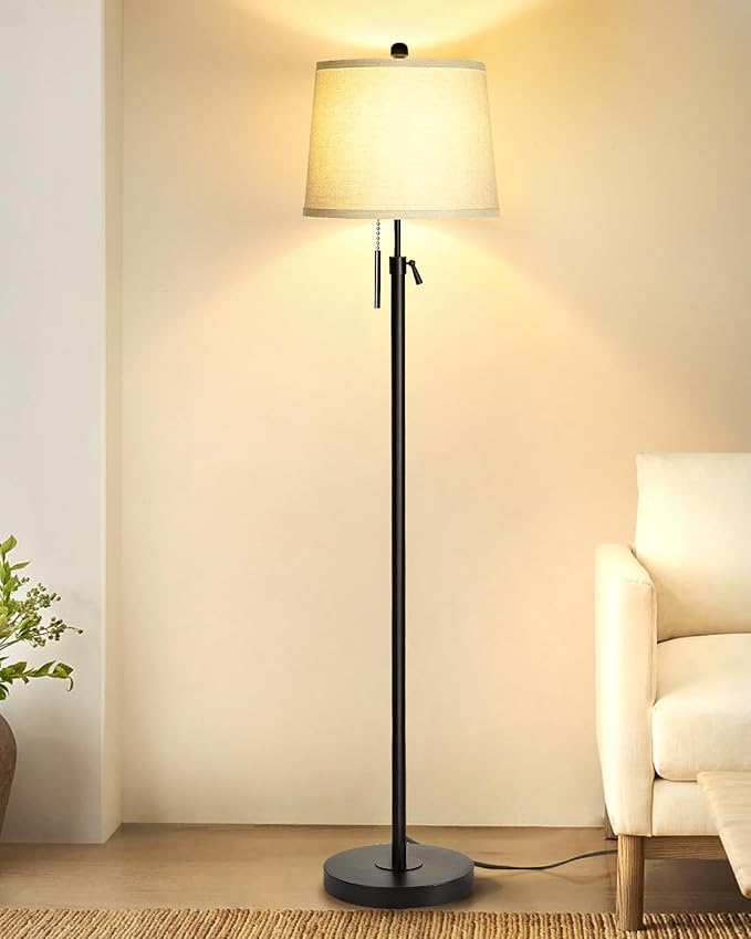 JUNNAI Floor Lamps for Living Room, Black Floor Lamp Adjustable Height Standing Lamp, Dimmable Modern Tall Floor Lamp for Bedroom Office with Beige Linen Shade, 8W 3000K Bulb Included