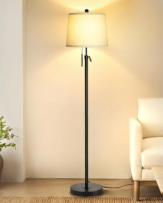 JUNNAI Floor Lamps for Living Room, Black Floor Lamp Adjustable Height Standing Lamp, Dimmable Modern Tall Floor Lamp for Bedroom Office with Beige Linen Shade, 8W 3000K Bulb Included