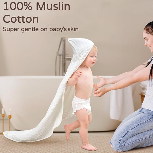 Yoofoss Hooded Baby Towels for Newborn 2 Pack 100% Muslin Organic Cotton Baby Bath Towel with Hood for Babies, Infant, Toddler and Kids, 32x32Inch, Soft and Absorbent Newborn Essential,White-2 Pack
