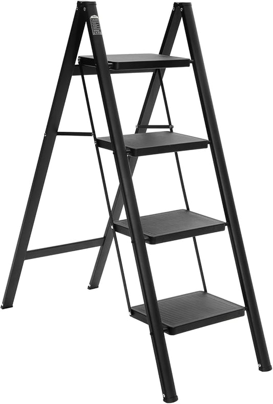 BOCOM 4 Step Ladder, Lightweight Portable Foldable Collapsible Folding Sturdy Iron Metal Step Stool with Anti-Slip Wide Pedal, Heavy Duty 330 lbs Capacity, for Home, Kitchen, Closet, Adults, Black