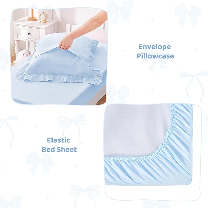 Wowelife Boho Tufted Toddler Bedding Set for Girls, 4 Pcs Ruffle Floral Crib Bed Sheets Set, Jacquard Embroidery Toddler Comforter Set Includes Comforter, Fitted Sheet, Top Sheet and Pillowcase, Blue