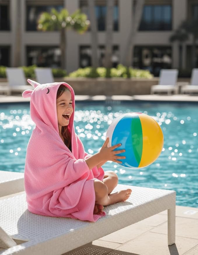 BAGNO MILANO Kids Organic Turkish Cotton Hooded Beach Cover-Up Towel, GOTS Certified, for Boys and Girls (Unicorn Pink, 24"x48"+8"/Hooded Towel)