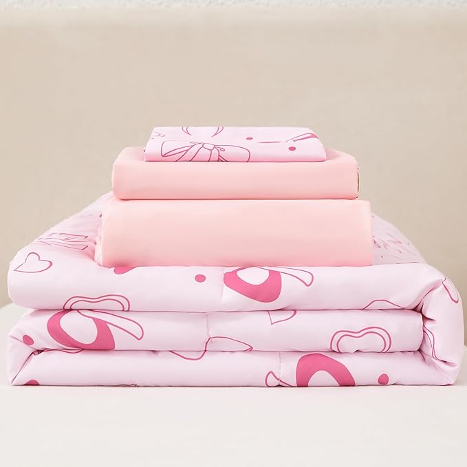URBONUR 4 Piece Toddler Bedding Set - Soft and Breathable Crib Bedding Set for Girls, Includes Comforter, Fitted Sheet, Flat Top Sheet and Envelope Pillowcase, Pink Bow