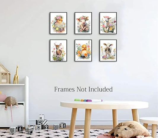 LNLAGBO Baby Watercolor Farm Animals Nursery Wall Art Prints,Cute Baby Animal Nursery Farm Wall Art, Animals Themed Posters for Farmhouse Kids Room Decor,Set of 6(8"X10"Unframed)