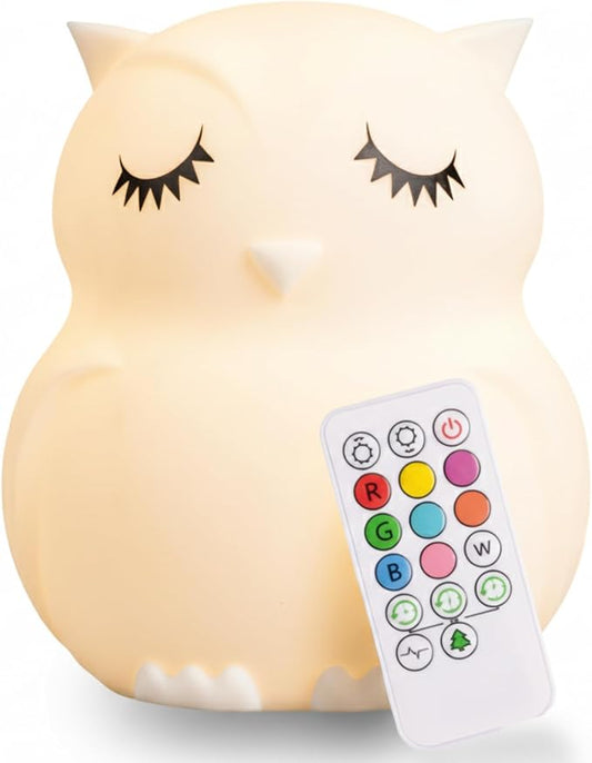 Lumipets Remote Control Silicone Night Light for Kids - Owl Design with 9 Soft Colors & Sleep Timer - Rechargeable, Battery-Operated Lamp for Bedroom | Baby Nursery, Toddler, Girls, Boys