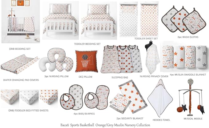 Bacati - Muslin Ikat Stars 4 Piece Neutral Toddler Bedding Set 100 Percent Cotton Includes Reversible Comforter, Fitted Sheet, Top Sheet, and Pillow Case (4 pc Toddler Bedding Set, Orange Stars)