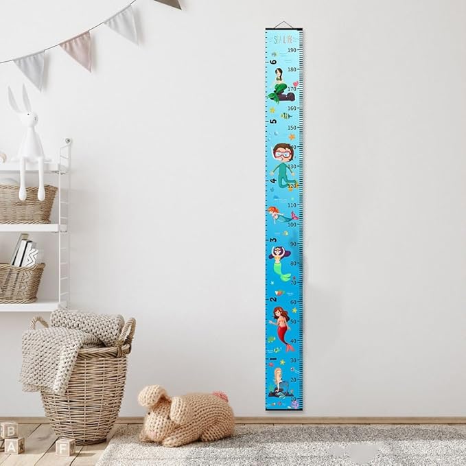 Baby Height Growth Chart - Canvas Height Chart for Kids Baby Child Toddler Boys Girls Growth Chart for Wall Room Nursery Decor Hangable and Removable Measuring Wall Ruler (Mermaid, Black Wood)