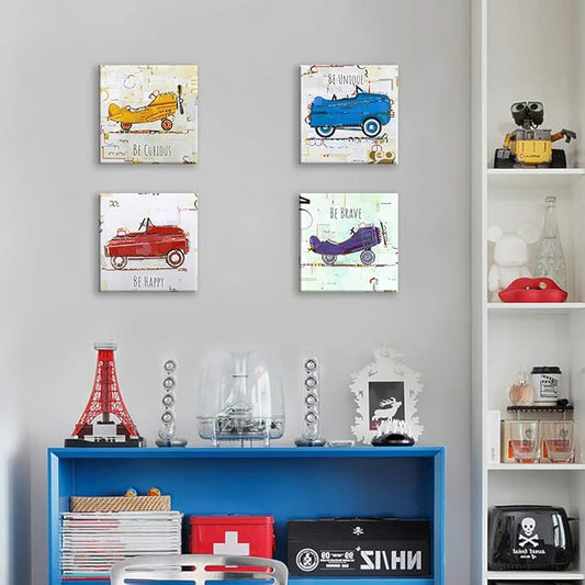 Oreichar Art Kids Wall Art Inspirational Quotes Canvas Print Painting Colorful Cartoon Car Plane Picture for Baby Kids Room Bedroom Nursery Decoration (12"x12"x4pcs)