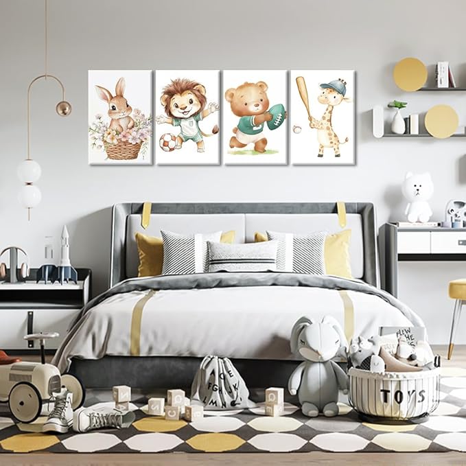 Animal Canvas Wall Art 4 Piece Cute Rabbit Lion Bear Giraffe Picture Prints Watercolor Nursery Animals Paintings for Kids Room Bathroom Nursery Decor Framed(Animal-1,12.00" x 16.00" x 4Pcs)