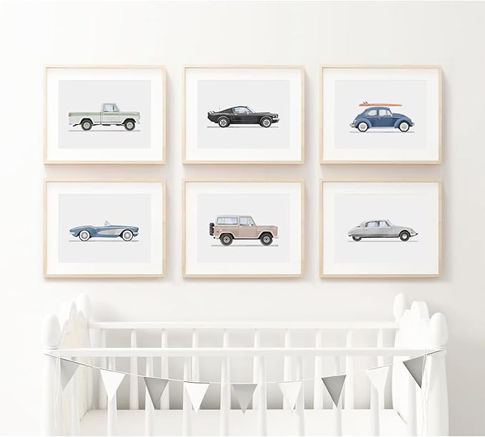 Blue Car Wall Art Decor Boys Room Wall Art Vintage Cars Canvas Poster Pictures Toddler Kids Room Prints Watercolor Vehicle Artwork Painting for Boys Bedroom Nursery 8x10 Inch Unframed Set of 6