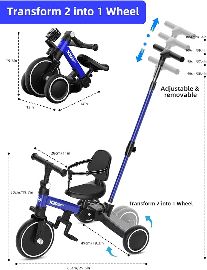 XJD Toddler Bike, 6 in 1 Folding Toddler Tricycle for 1-4 Year Old with Parental Control Handle, Balance Bike with Removable Pedal, Backrest, Adjustable Seat, First Birthday Gifts (Blue)