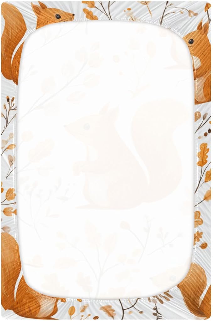 Orange Squirrels and Autumn Leaves Crib Sheets Standard Crib Toddler Mattresses Cover Fitted Baby Bed Sheet Breathable Crib Mattress Sheet for Girls Boys 39''x27''x9''