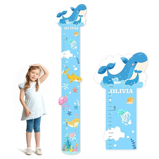 Woodemon Personalized Name Growth Chart, Marine Animals Wooden Growth Chart for Kids, Height Chart for Boys Girls, Measuring Board for Kids Height for Child's Room, Nursery Decor Decoration