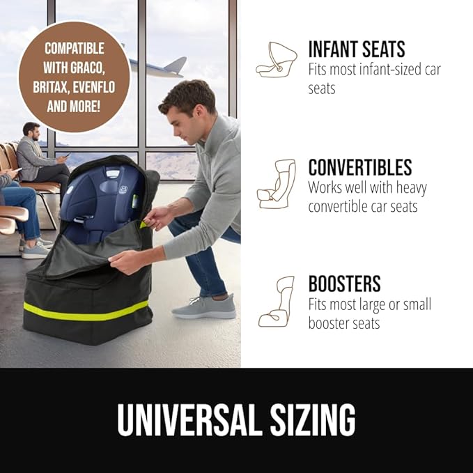 GORILLA GRIP Tear and Water Resistant Padded Car Seat Travel Bag for Airplane and Airport, Universal Fit Baby Carseat Bags, Handle & Shoulder Straps, Air Gate Check Toddler Stroller Carrier, Yellow