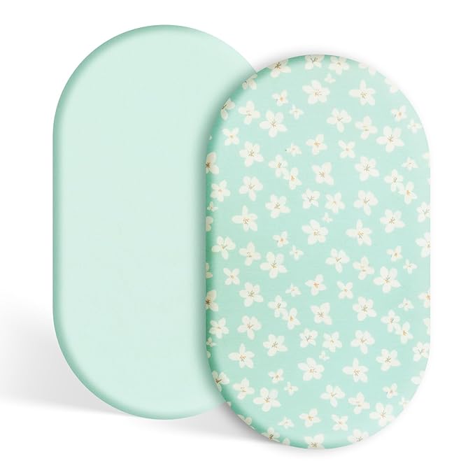 TILLYOU Baby Bassinet Sheets for Girls Boys, Fit for Hourglass Oval Rectangle Bassinet Mattress Sheets, 33”X16”, 2 Pack Fresh Flowers and Light Green