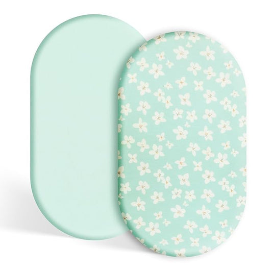 TILLYOU Baby Bassinet Sheets for Girls Boys, Fit for Hourglass Oval Rectangle Bassinet Mattress Sheets, 33”X16”, 2 Pack Fresh Flowers and Light Green