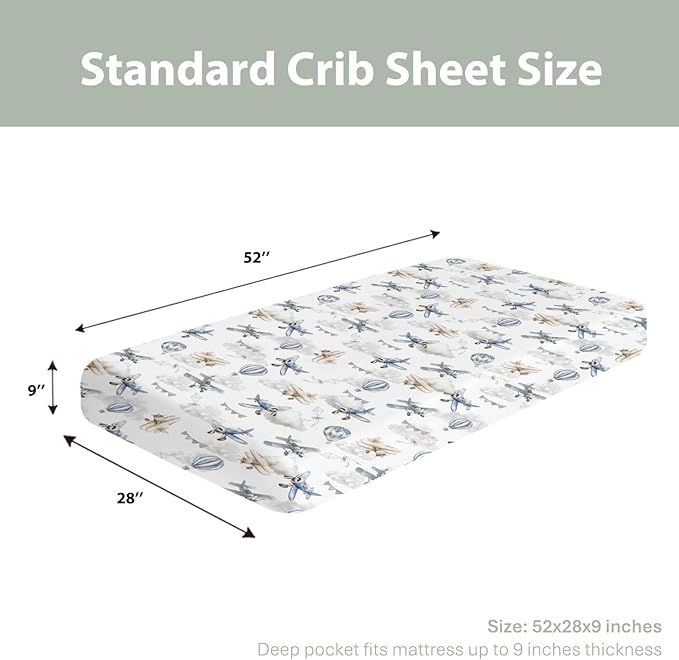 Vintage Planes Airplanes Helicopters Baby Crib Sheets Boy Girl 28"x52" Hot Air Balloon Plane Clouds Sky Soft Stretchy Fitted Crib Mattress Cover Baby Sheet for Standard Crib & Toddler Mattress Pad