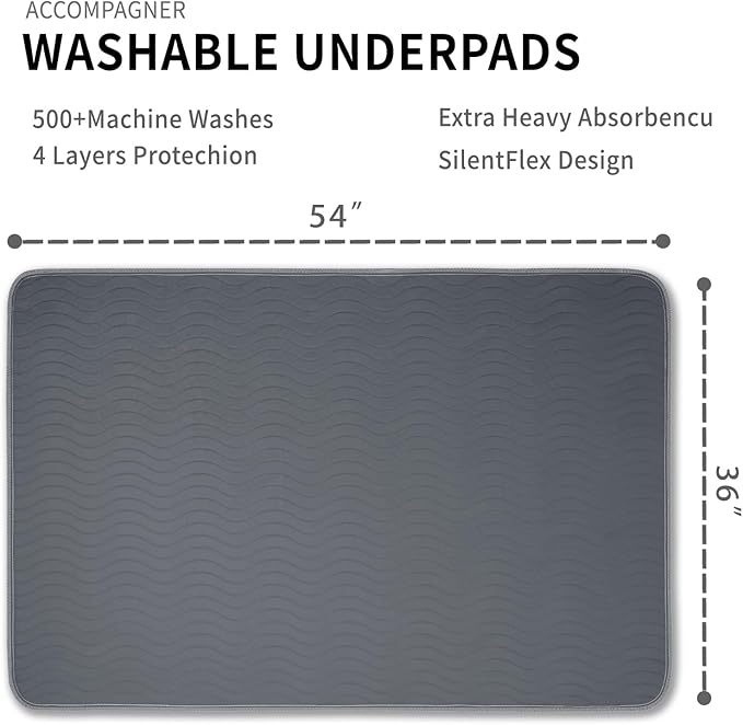 Accompagner Waterproof Reusable for Adults and Pets Washable Pee Pads for Dogs Changing Pad Large Dog Bed Size Adults Incontinence Bed Pads - Non-Slip Leak-Proof (Dark Gray, 2Pack-36" x54")