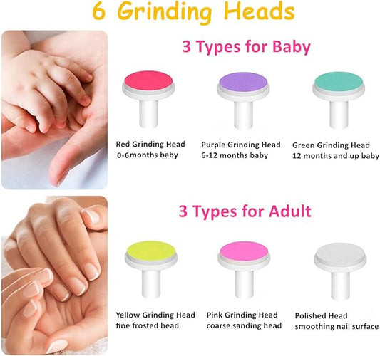 Baby Nail Trimmer Electric, Safe + Easy Baby Nail File, Baby Nail Clippers Nail Trimmer Kit for Newborn Infant Toddler, 6 Grinding Heads, Battery Operated (Battery Not Included) White
