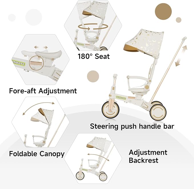 WinHope 9-in-1 Push Tricycle for Toddlers 1-3 Years | Convertible Kids Trike with Adjustable Parent Handle & Safety Harness, Lightweight Foldable Design + Storage Basket for Boys & Girls (White)
