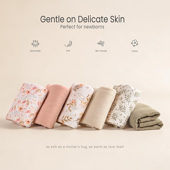 lulumoon Muslin Swaddle Blankets for Baby: Soft Cotton Newborn Receiving Blankets - Floral Print Nursery Gift Set for Baby Girls(Olive Flower)